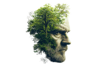 An elderly Caucasian man with a thoughtful expression, blended with lush greenery representing nature and wisdom.