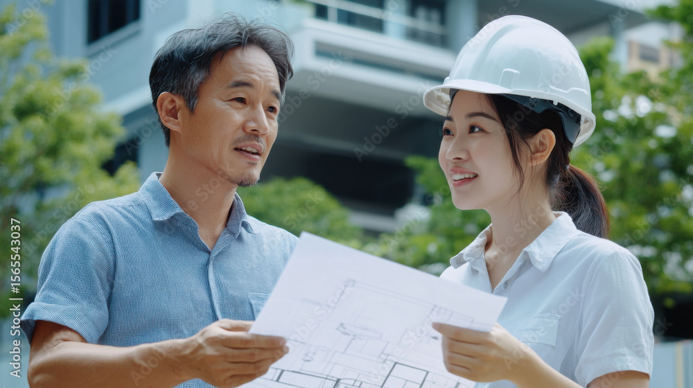 Poster asian architect discussing building plans with a client at the site.