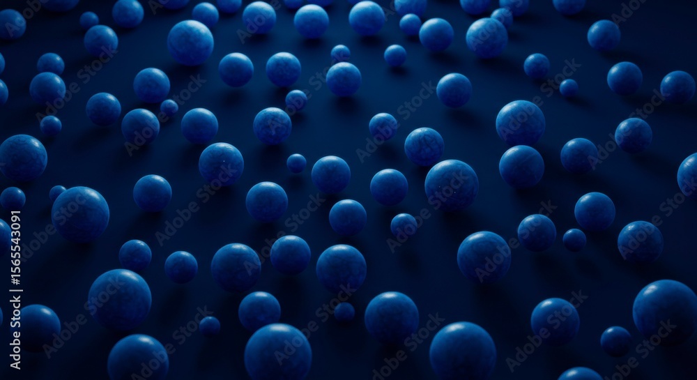 Poster dark blue spheres scattered on a surface, creating a depth and texture effect
