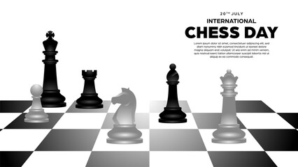 International chess day background illustration - realistic vector design of chess pieces, king, queen, bishop, knight, rook, and pawn with copy space for replacement text