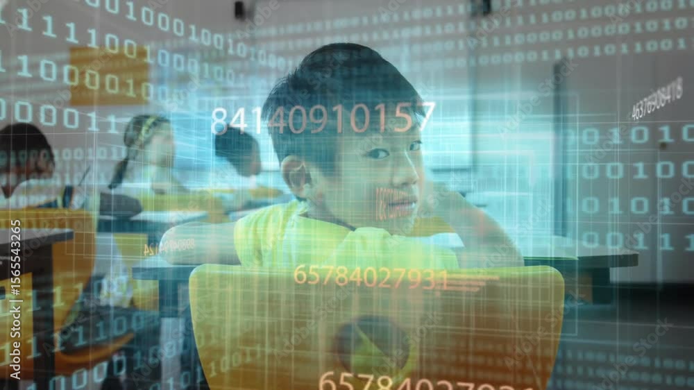 Poster boy leaning forward and writing in classroom, animated binary code flashing for digital learning