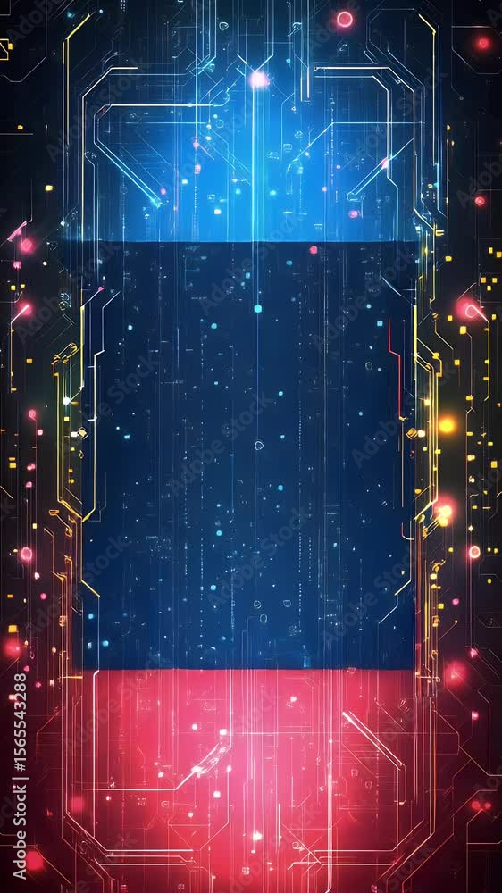 Poster abstract digital composition with a central rectangular panel and a circuit board background filled 