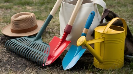 Gardening tools arranged on grass with a hat nearby in a sunny outdoor setting