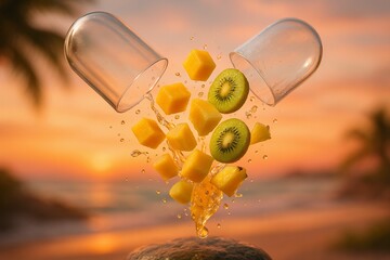 Two kiwi halves in air, surrounded by fruit juice droplets, against sunset backdrop.