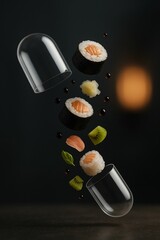 Sushi pieces falling from glass vials onto dark surface, creating artistic arrangement of fish, rice, and vegetable ingredients.