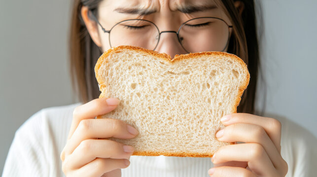 Asian woman looking at white bread with disapproval, stomach ache.