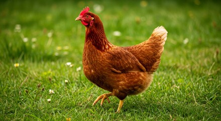 Fototapeta premium Brown hen in green grass