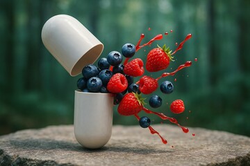 white pill bottle filled with blueberries and strawberries, with red liquid spilling out onto ground.