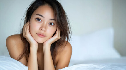 Fototapeta premium Asian woman sitting on edge of the bed, looking exhausted, unable to sleep at night. 