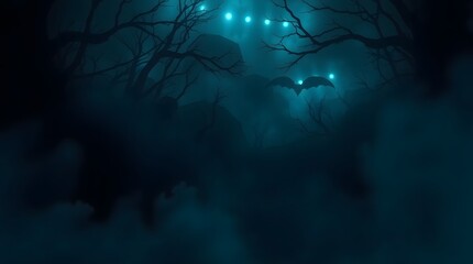 Mysterious forest shrouded in fog with glowing lights and bats at dusk