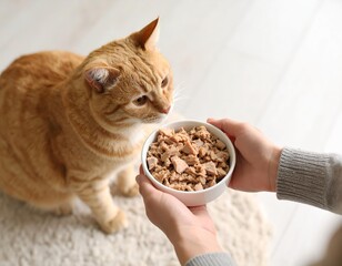 high-angle photo of hand offering tuna in a bowl to a plump smiling cat, visible cozy floor texture, soft natural light, homey atmosphere