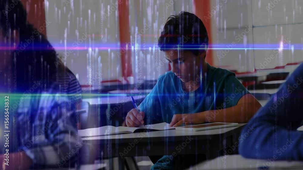 Poster classmates writing tasks in class as glitch animation appears highlighting notebook progress