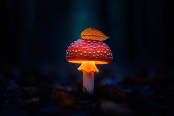red and white mushroom with leaf on top, set against dark forest backdrop.