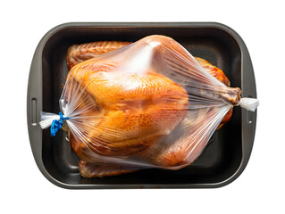 Golden Brown Roasted Chicken in Clear Plastic Bag Inside Roasting Pan turkey Chicken cooking