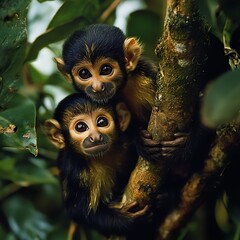 Tree canopy alive with monkeys under glowing sky high resolution picture