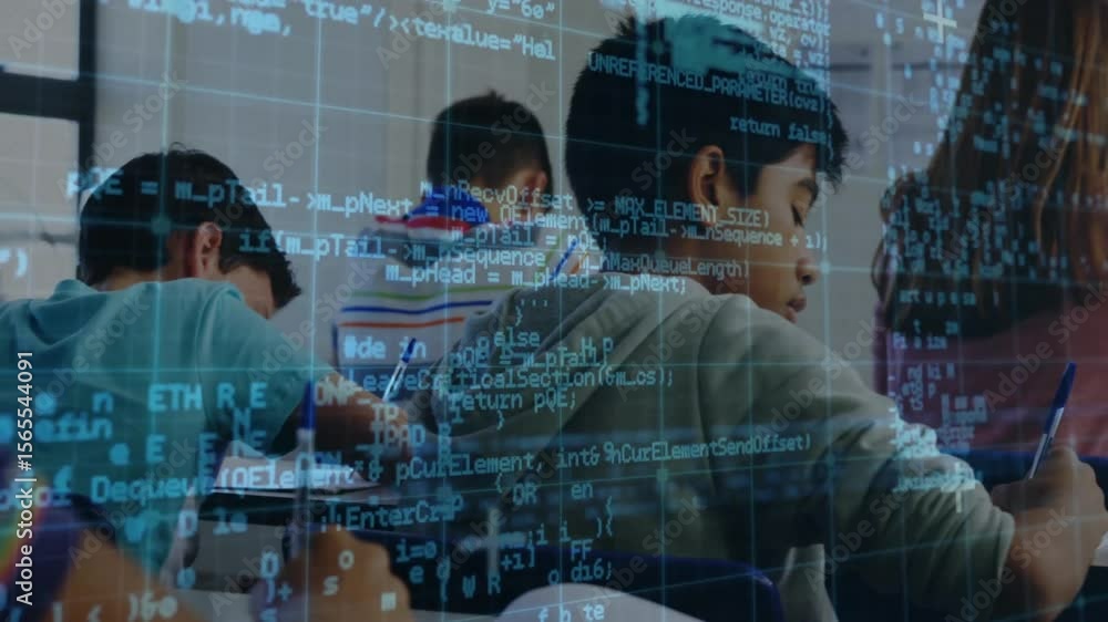 Poster code overlay scrolling and fading revealing students writing in class showing learning