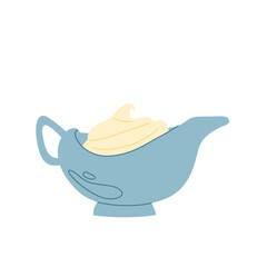 Elegant gravy boat with sauce in soft pastel blue.