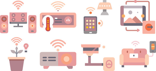 Vector art of smart home automation system icons isolated on transparent background.