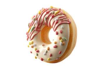PNG Colorful sprinkle donut with white icing and pink drizzle on black background