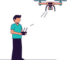 Vector illustration of a man operating a drone with a controller device in a minimalistic style