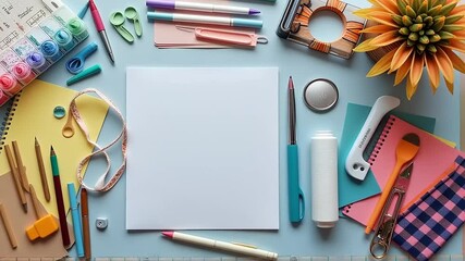 Creative workspace setup for crafting and design projects with blank paper