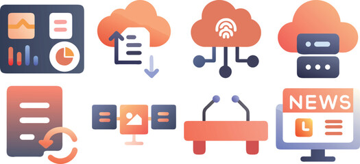 Vector art of a collection of cloud computing icons, isolated on transparent background.