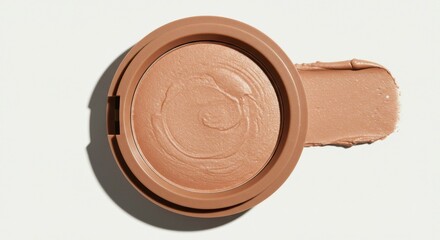 Light beige cosmetic product in a round container, with a smear extending