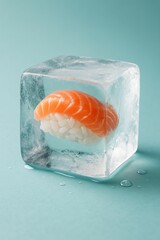 single piece of sushi in ice cube on blue surface.