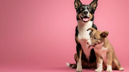 Adorable adult dog and puppy duo happily sitting and posing together, showcasing pet companionship on a pink backdrop footage.