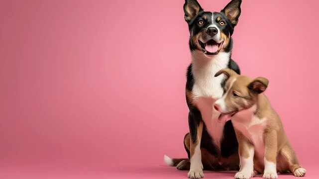 Adorable adult dog and puppy duo happily sitting and posing together, showcasing pet companionship on a pink backdrop footage.