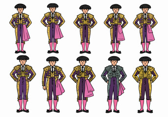 Cartoon illustration of bullfighters (matadors) in traditional Spanish suits, depicted in a grid format, showcasing cultural attire and characters.