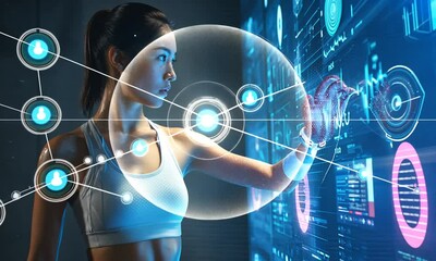 Woman athlete interacts with a futuristic digital interface - Powered by Adobe