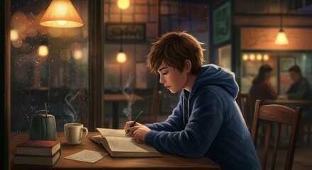 Rainy cafe scene, student writing
