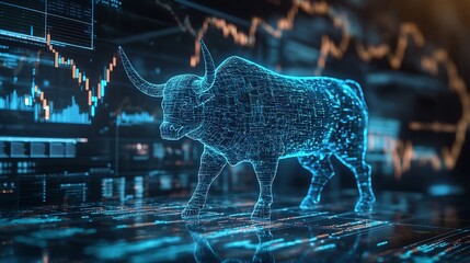 Digital blue wireframe bull representing stock market growth financial investment profit photo