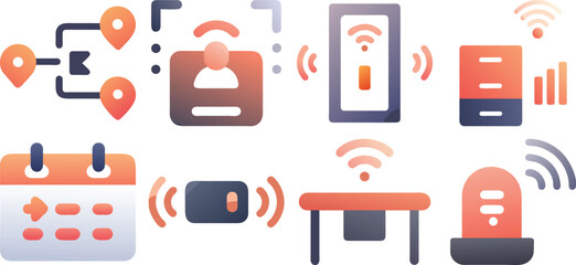 Vector art of a set of modern iot icons isolated on transparent background, featuring wireless devices, network connections, and calendar symbols in orange gradient.