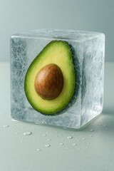whole avocado encased in ice cubes on white surface.