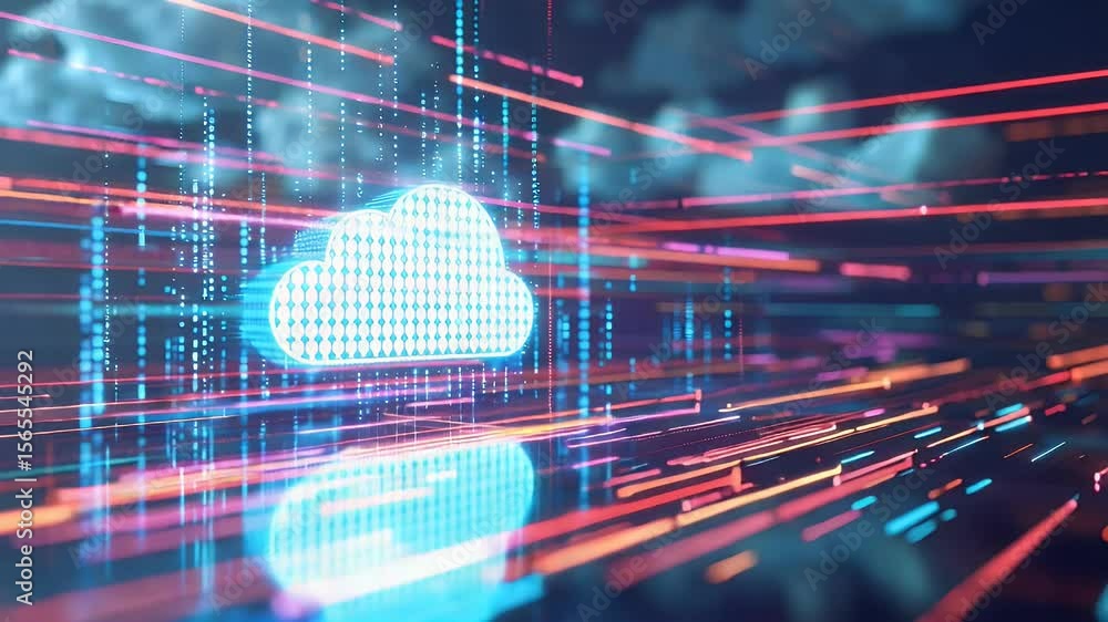 Poster digital cloud computing concept with data streams and glowing lines in blue and orange. abstract ill