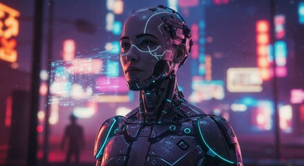 Futuristic cyborg woman in a vibrant neon city