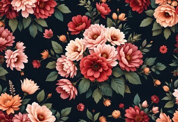 Floral Elegance On Dark Backdrop. Rich Garden Blooms, Colorful Petals, And Lush Green Leaves. Sophisticated Botanical Design. Creates A Romantic And Captivating Image.