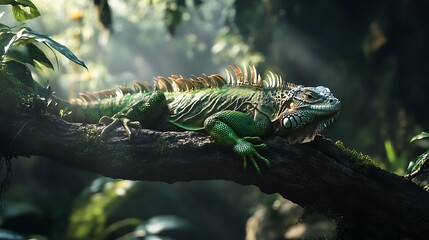 Vibrant green lizard basking under rainforest canopy light high resolution picture
