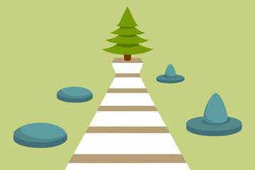 Fototapeta premium Green Christmas tree on a snowy road with festive decorations in winter illustration