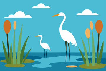 Obraz premium Birds resting on grass and trees in a summer wildlife illustration