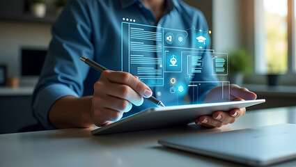 A business professional person is writing on a tablet with a pen