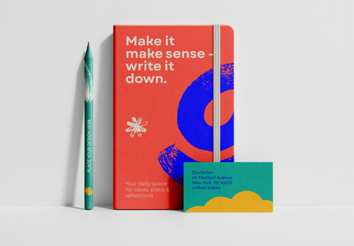 Stationery Mockup with Notebook, Pencil, and Business Card &ndash; Clean Scene for Branding and Identity Presentation