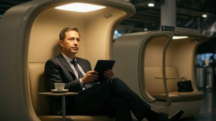 A businessman relaxes in a chic airport lounge, sipping coffee and focused on his tablet - Powered by Adobe