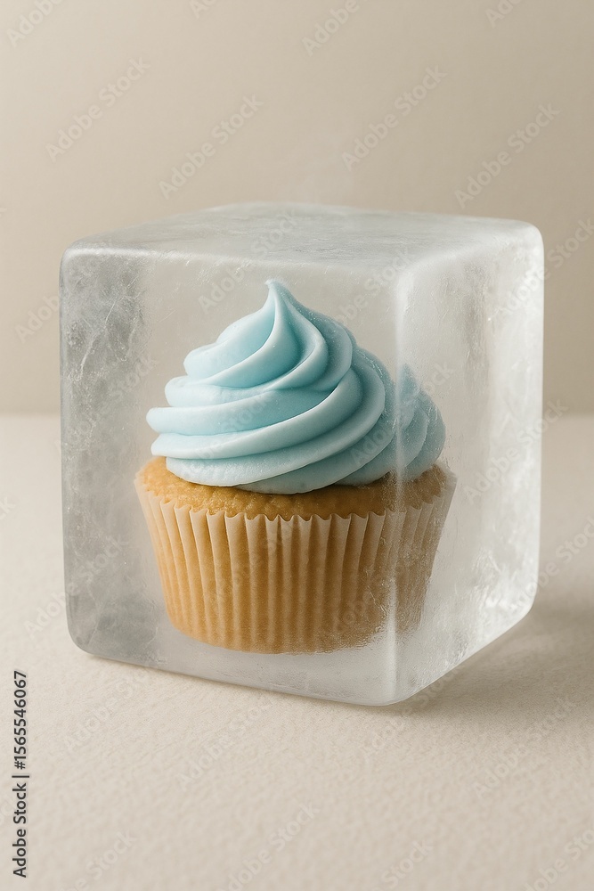 Poster frosted cupcake inside block of ice.