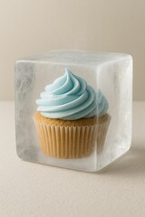 frosted cupcake inside block of ice.