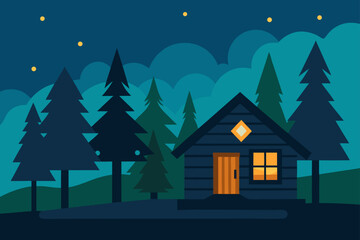 Fototapeta premium Serene Night in the Woods Cozy Cabin Illustration