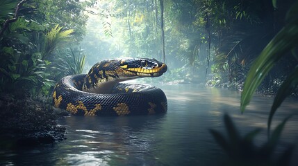 Wild anaconda exploring murky jungle water passage high resolution picture
