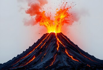 Dramatic Volcanic Eruption. Fiery Lava Explodes Upward, A Powerful Display. Molten Rock Bursts, Displaying Earth's Raw Energy. A Geological Spectacle.